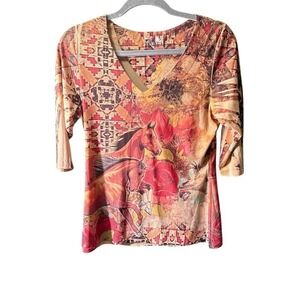 Y2K Fantasia Pink, Tan,  and orange horse print top with 3/4 sleeves